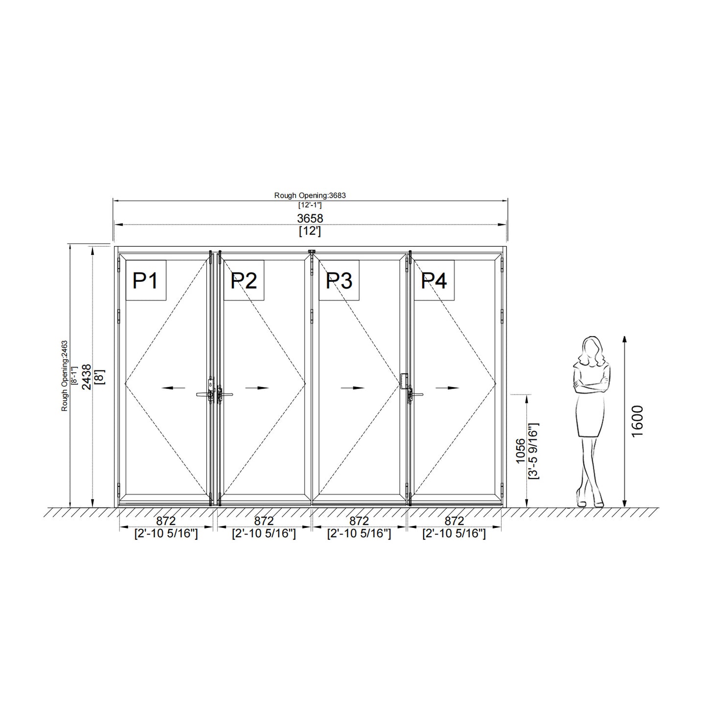 Luvindow Thermal Break Aluminum Bi-Fold Door 144 in x 80 in 3-9/16 in Jamb, Double-Tempered Low-E Argon Glass, Black Finish, Interior Door, Patio Door