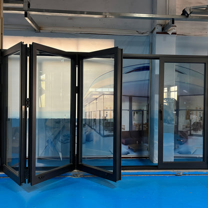 Luvindow Thermal Break Aluminum Bi-Fold Door 144 in x 96 in 3-9/16 in Jamb, Double-Tempered Low-E Argon Glass, Black Finish, Interior Door, Patio Door