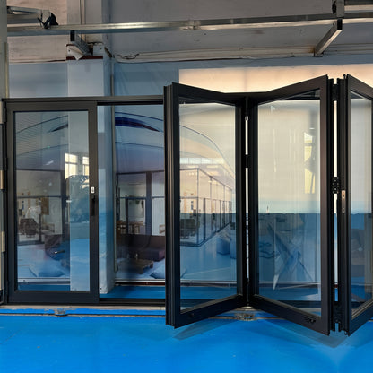 Luvindow Thermal Break Aluminum Bi-Fold Door 144 in x 80 in 3-9/16 in Jamb, Double-Tempered Low-E Argon Glass, Black Finish, Interior Door, Patio Door