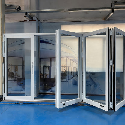 Luvindow Thermal Break Aluminum Bi-Fold Door 144 in x 96 in 3-9/16 in Jamb, Double-Tempered Low-E Argon Glass, White Finish, Interior Door, Patio Door