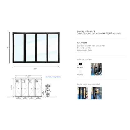 Luvindow Thermal Break Aluminum Bi-Fold Door 144 in x 96 in 3-9/16 in Jamb, Double-Tempered Low-E Argon Glass, Black Finish, Interior Door, Patio Door