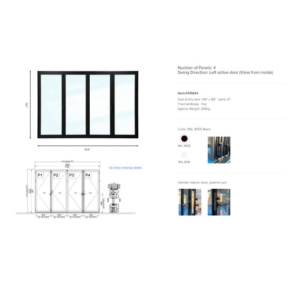 Luvindow Thermal Break Aluminum Bi-Fold Door 144 in x 96 in 3-9/16 in Jamb, Double-Tempered Low-E Argon Glass, Black Finish, Interior Door, Patio Door