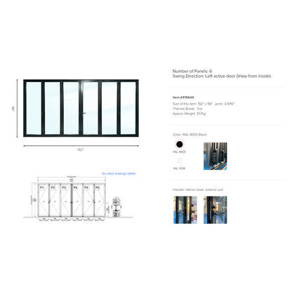 Luvindow Thermal Break Aluminum Bi-Fold Door 192 in x 96 in 3-9/16 in Jamb, Double-Tempered Low-E Argon Glass, Black Finish, Interior Door, Patio Door