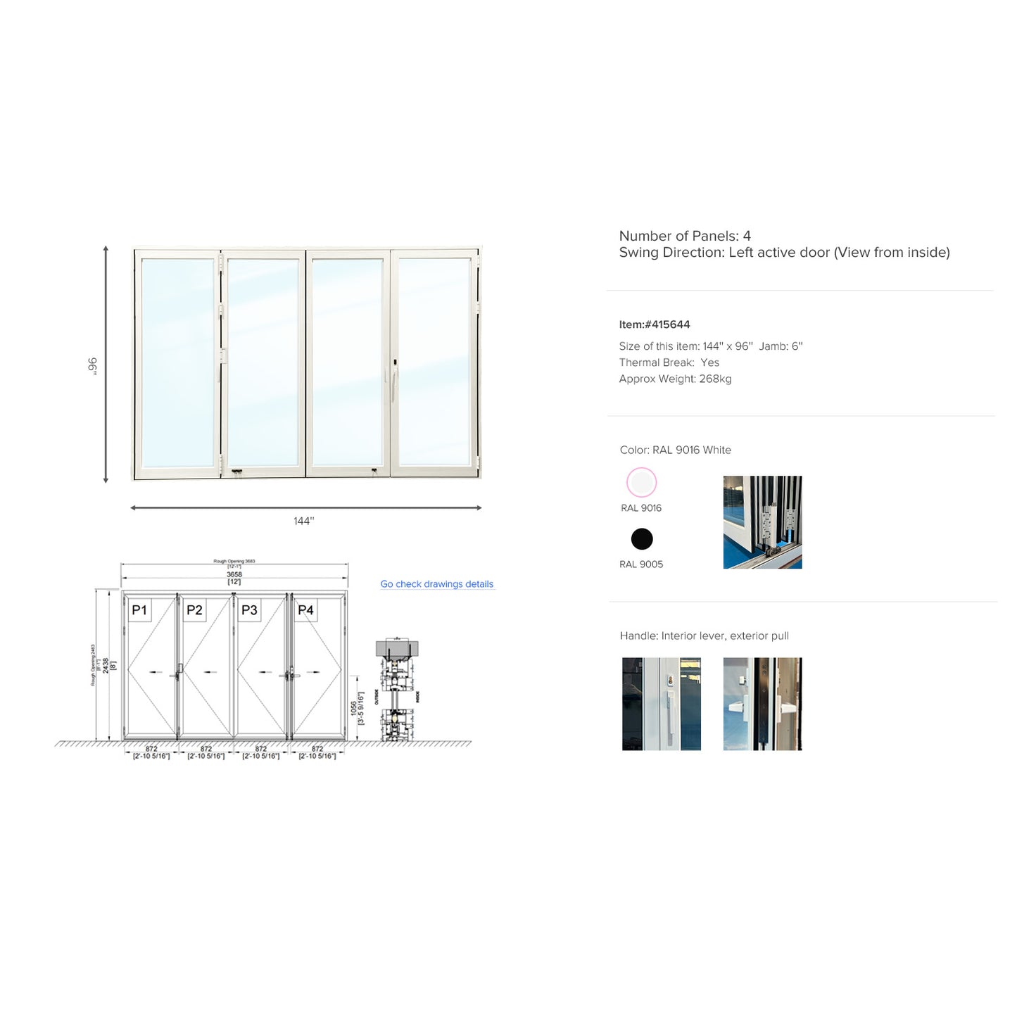 Luvindow Thermal Break Aluminum Bi-Fold Door 144 in x 96 in 3-9/16 in Jamb, Double-Tempered Low-E Argon Glass, White Finish, Interior Door, Patio Door