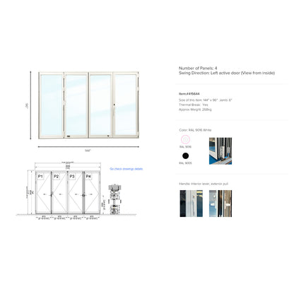 Luvindow Thermal Break Aluminum Bi-Fold Door 144 in x 96 in 3-9/16 in Jamb, Double-Tempered Low-E Argon Glass, White Finish, Interior Door, Patio Door