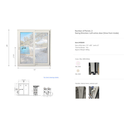 Luvindow Superior Thermal Insulation Aluminum Lift and slide Door 72 in x 80 in 3-9/16 in Jamb, Double-Tempered Low-E Argon Glass, White Finish, Interior Door, Patio Door