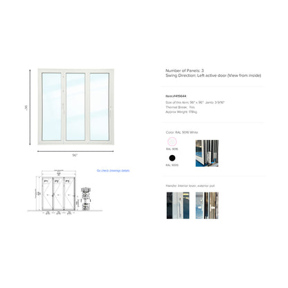 Luvindow Thermal Break Aluminum Bi-Fold Door 96 in x 96 in 3-9/16 in Jamb, Double-Tempered Low-E Argon Glass, White Finish, Interior Door, Patio Door